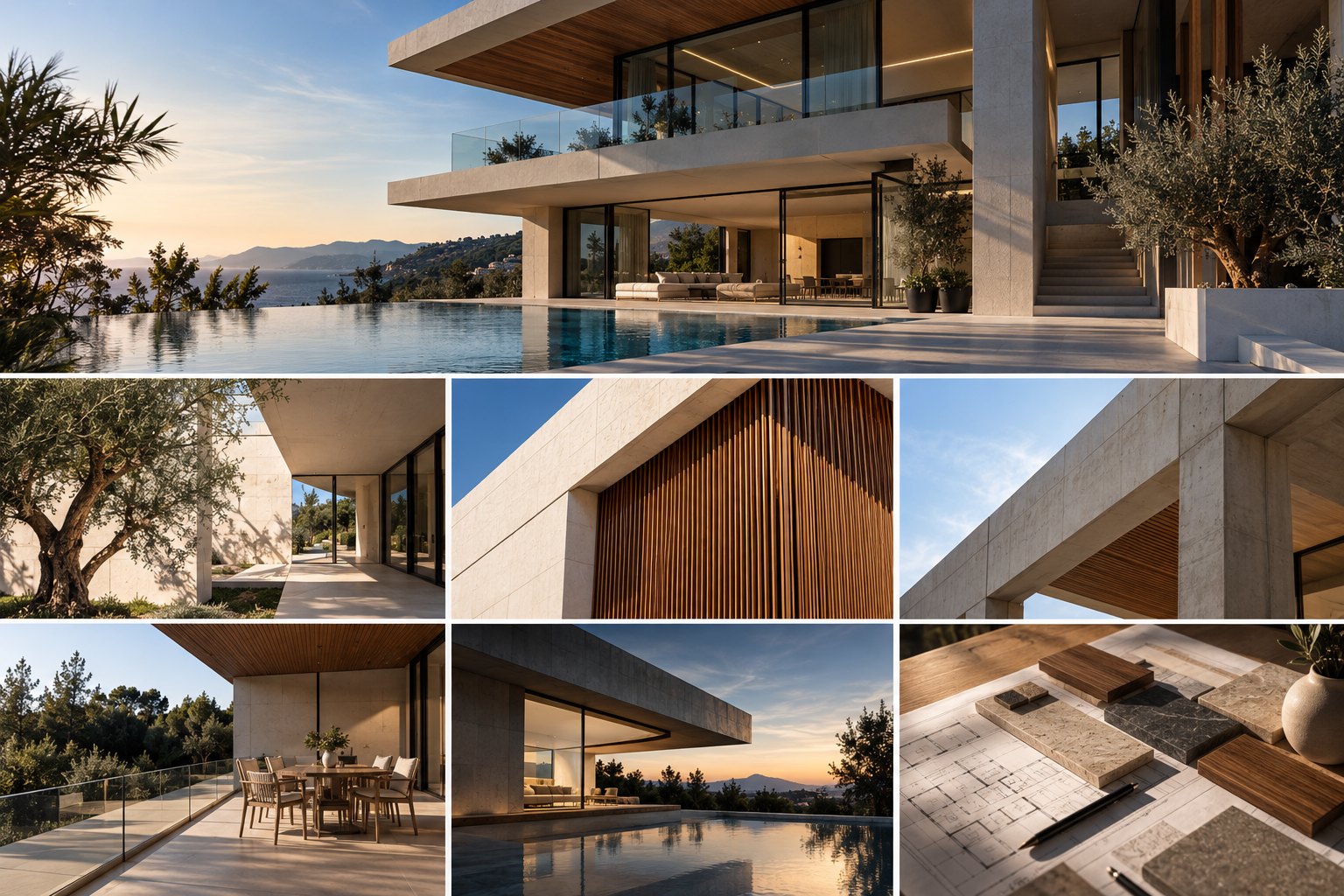 Konsept mimari görsel: modern mimarlık kolajı ve villa manzaraları