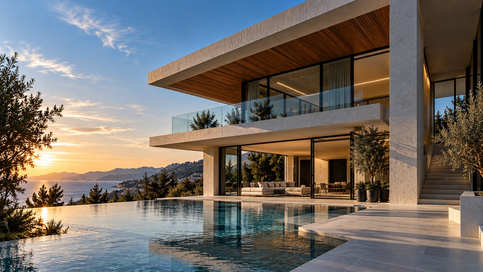 Konsept mimari görsel: altın saatte modern sahil villası